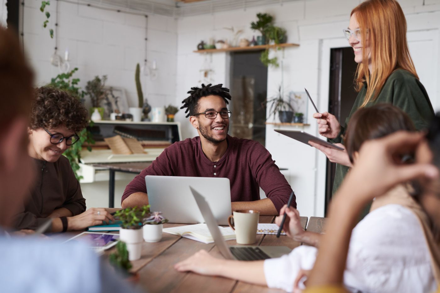 A professional discussion in a relaxed office setting