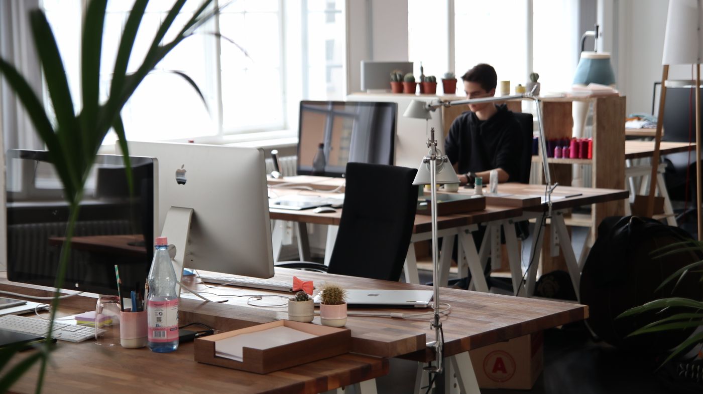 Contemporary office interior with plants and workstations